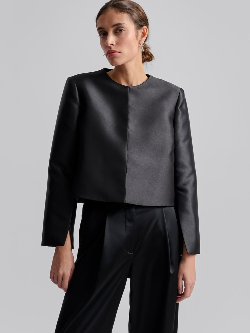 By Malina Ruthie Black Satin Cropped Jacket Blouse Slit Sleeve XS